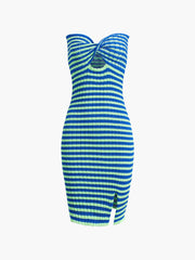 Front Twist Keyhole Bodycon Knit Strapless Tube Midi Dress