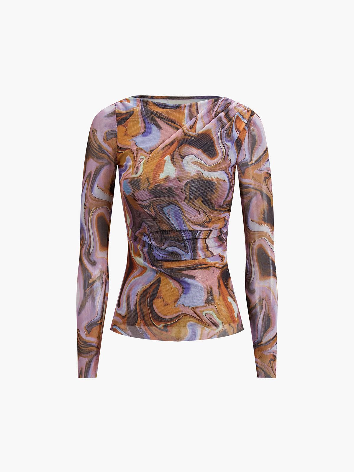 Asymmetrical Neck Watermarble Mesh Ruched Shirt