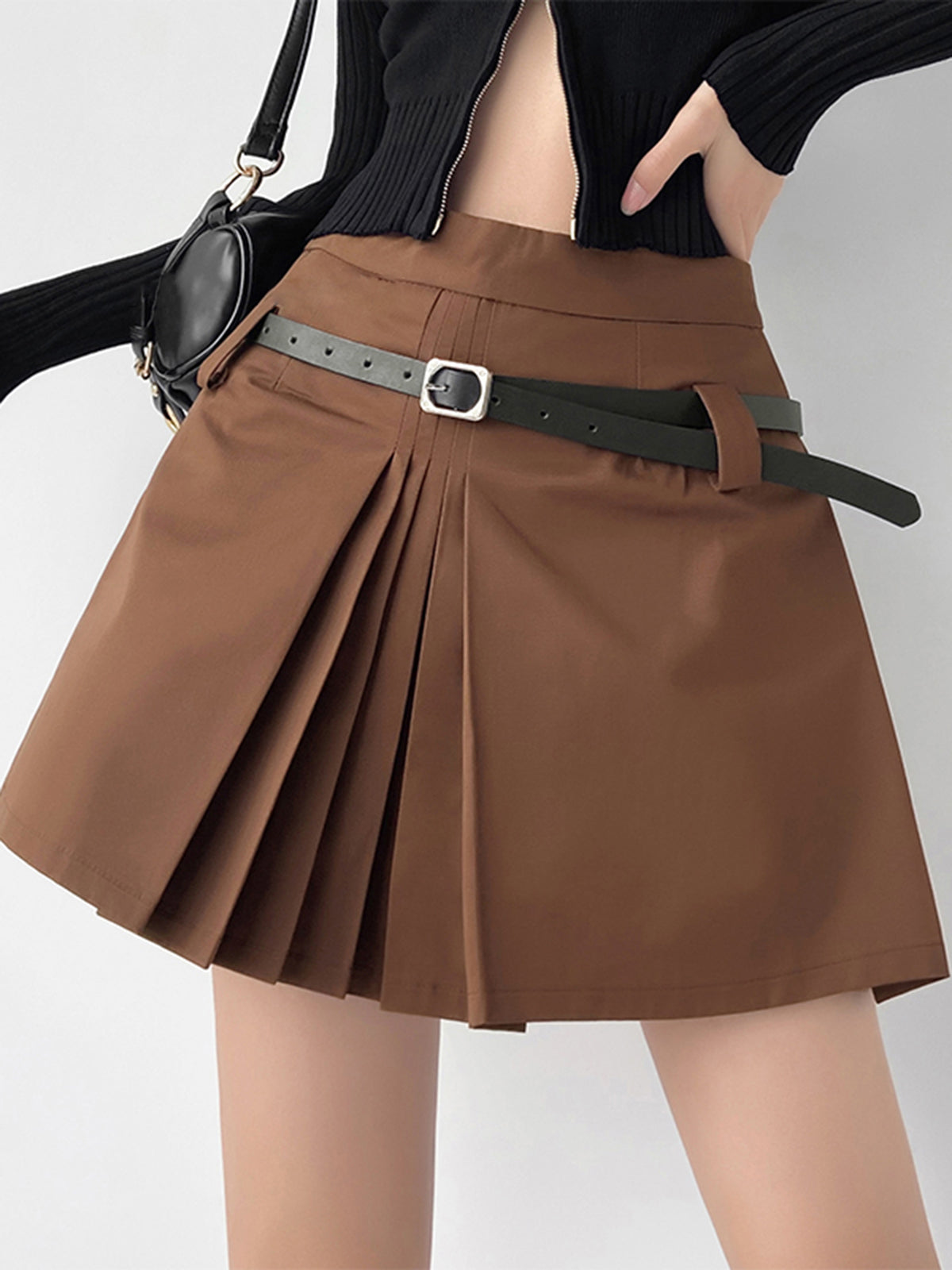 Basic Belted Pleated Skirt