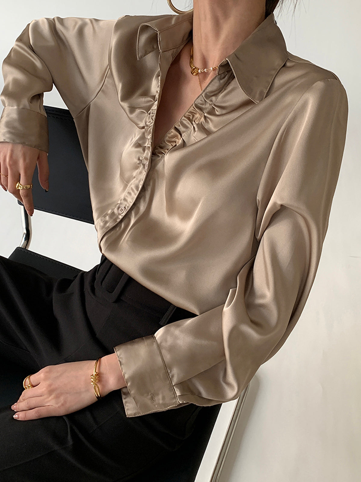 Oversized Button Up Ruched Trim Satin Shirt