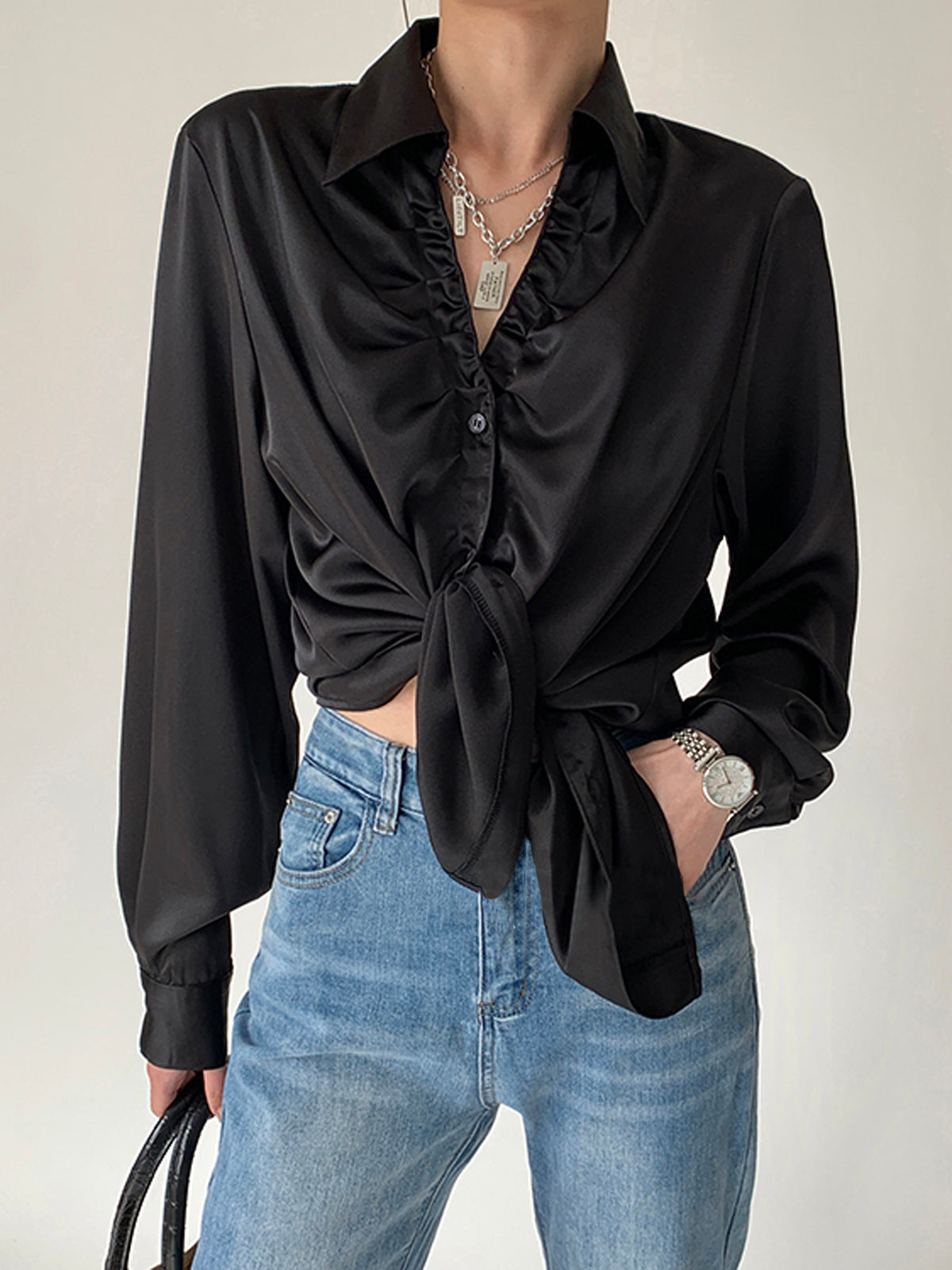 Oversized Button Up Ruched Trim Satin Shirt