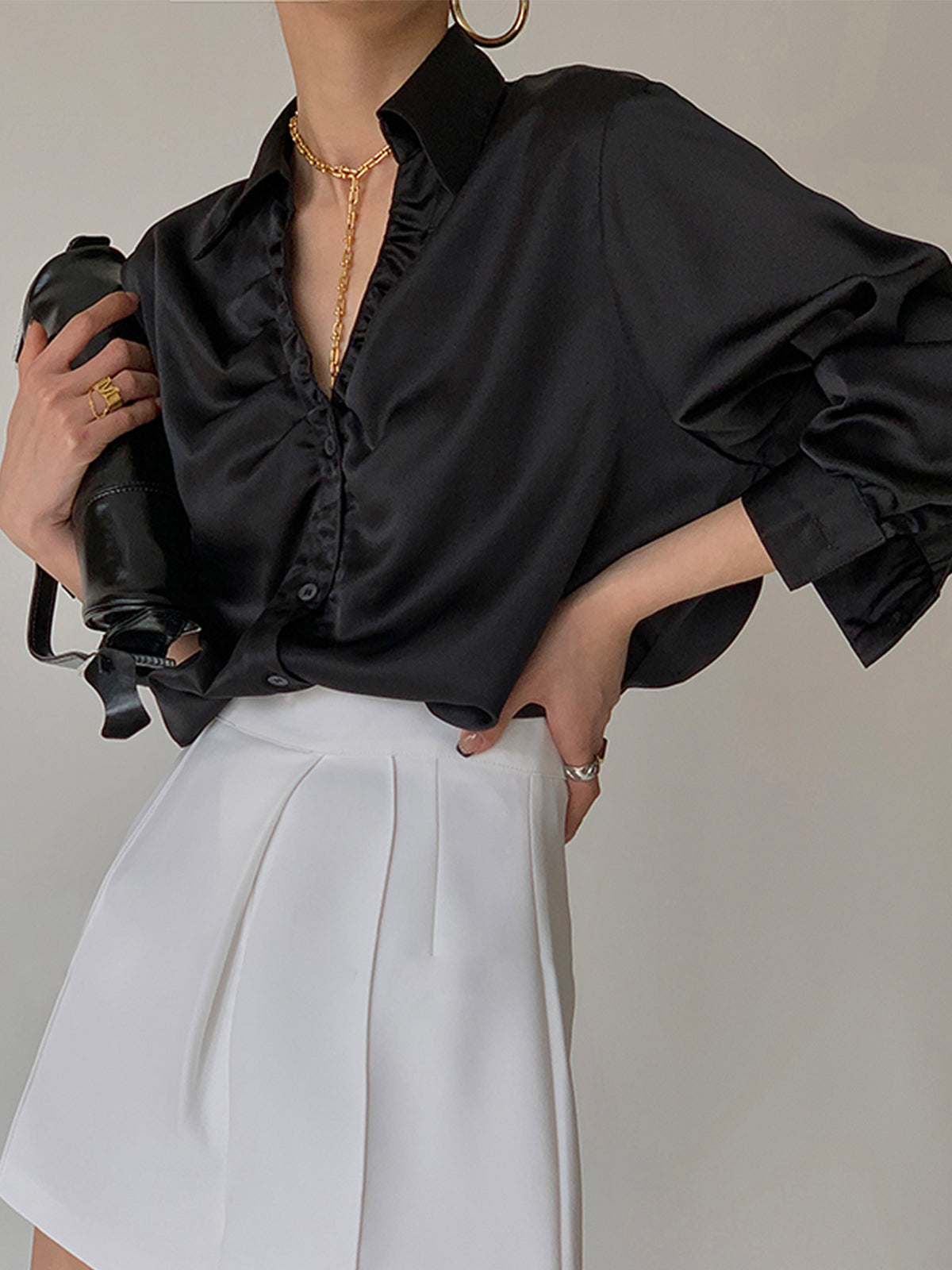 Oversized Button Up Ruched Trim Satin Shirt