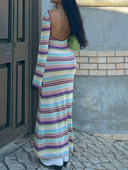 Rainbow Stripe Open Back Flowy Long Dress