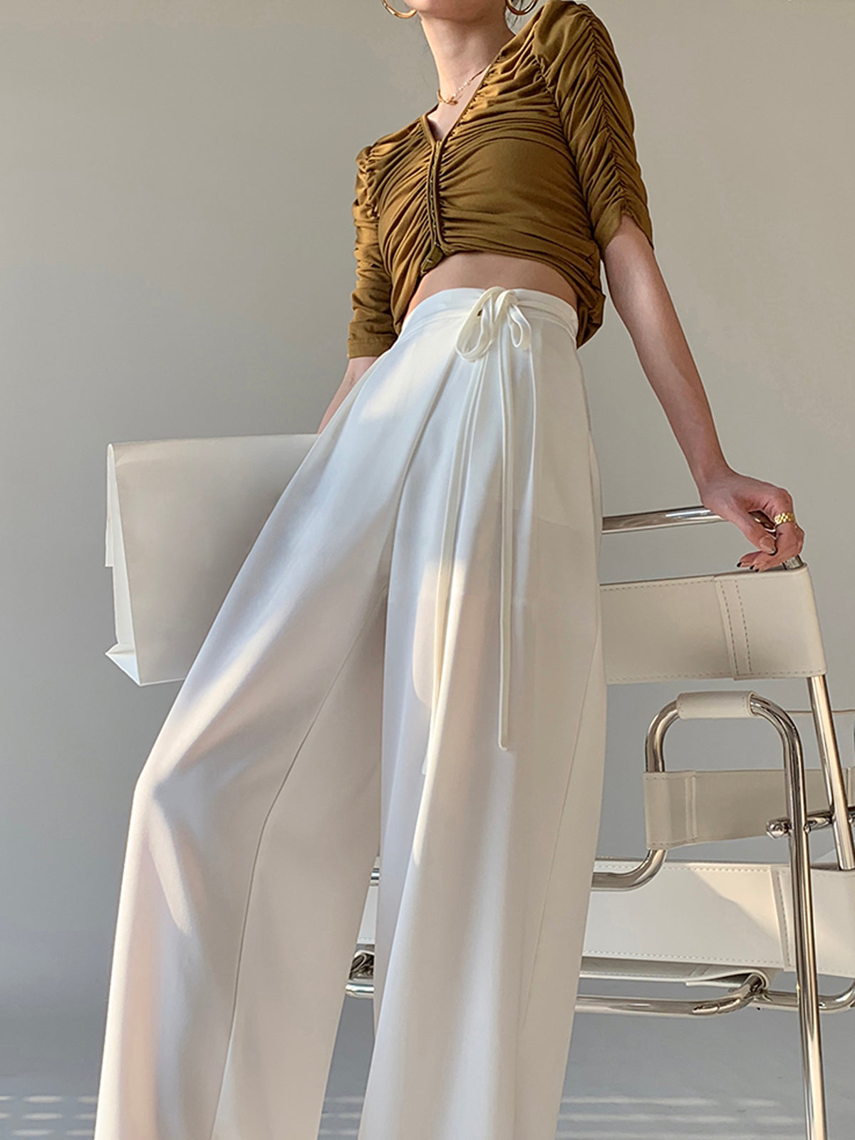 Tie Waist Flowy Wide Leg Dress Pants