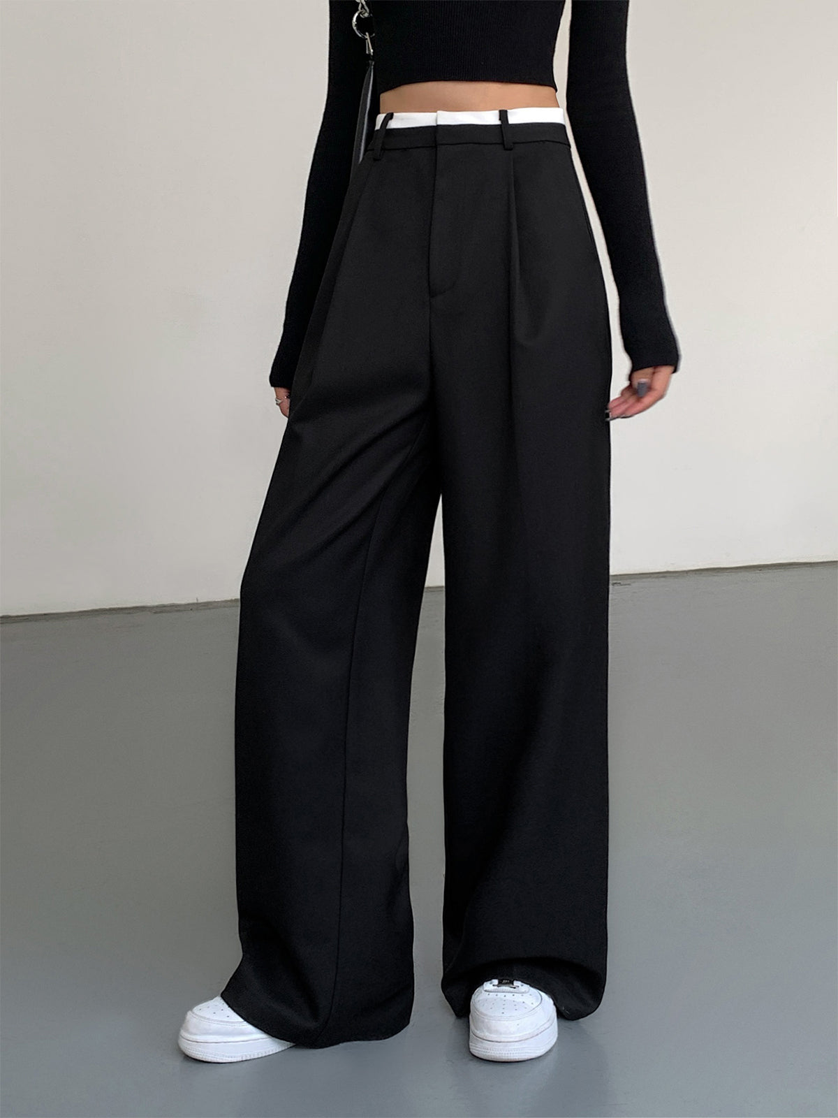 Full Length Contrast Trim Wide Leg Pants