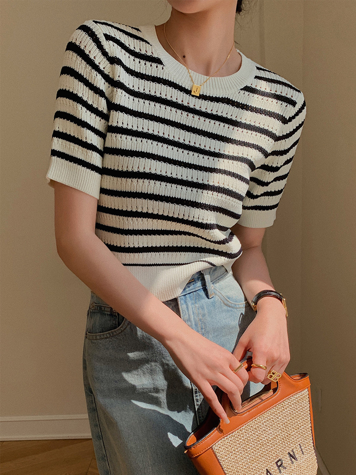 Stripe Crochet Open Knit Top