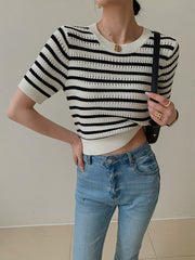 Stripe Crochet Open Knit Top