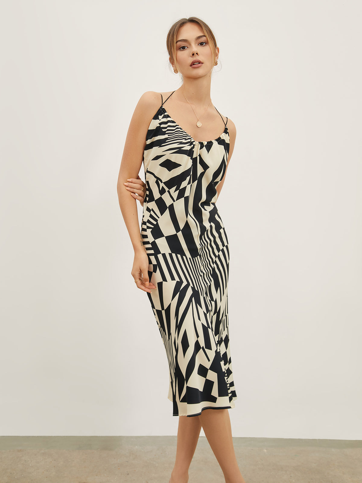 Geometric Print Adjustable Strap Midi Dress