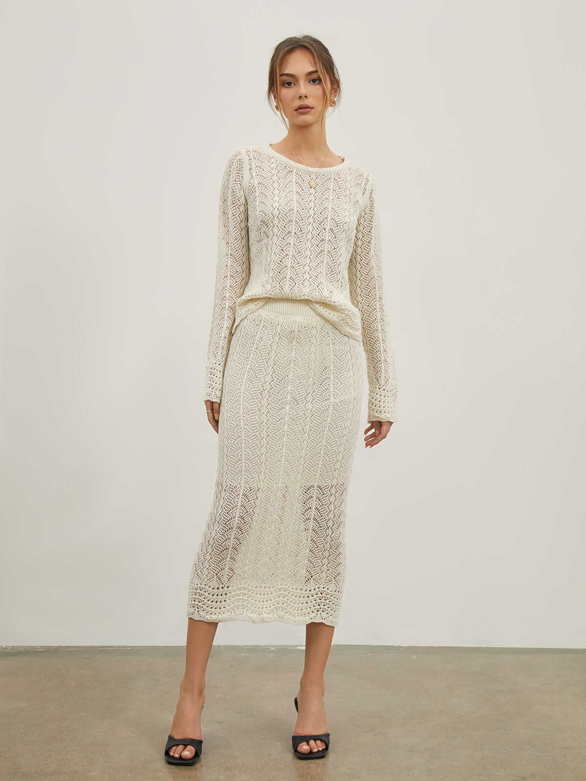 Eyelet Cable Knit Two Piece Skirt Set