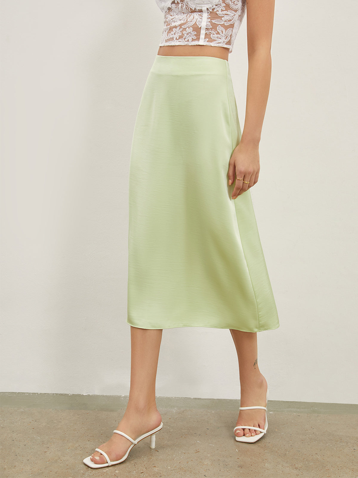 High Waisted Satin Midi Slip Skirt