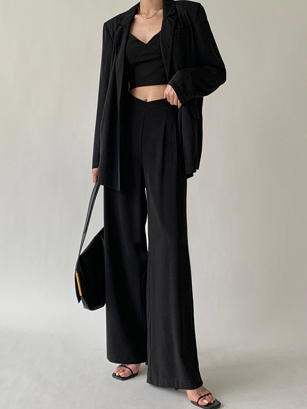 Pleated V Waist Flowy Wide Leg Pants