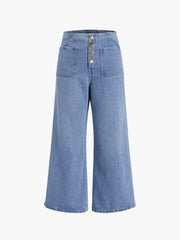 Buttoned Denim Wide Leg Ankle Jeans