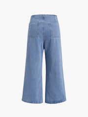 Buttoned Denim Wide Leg Ankle Jeans