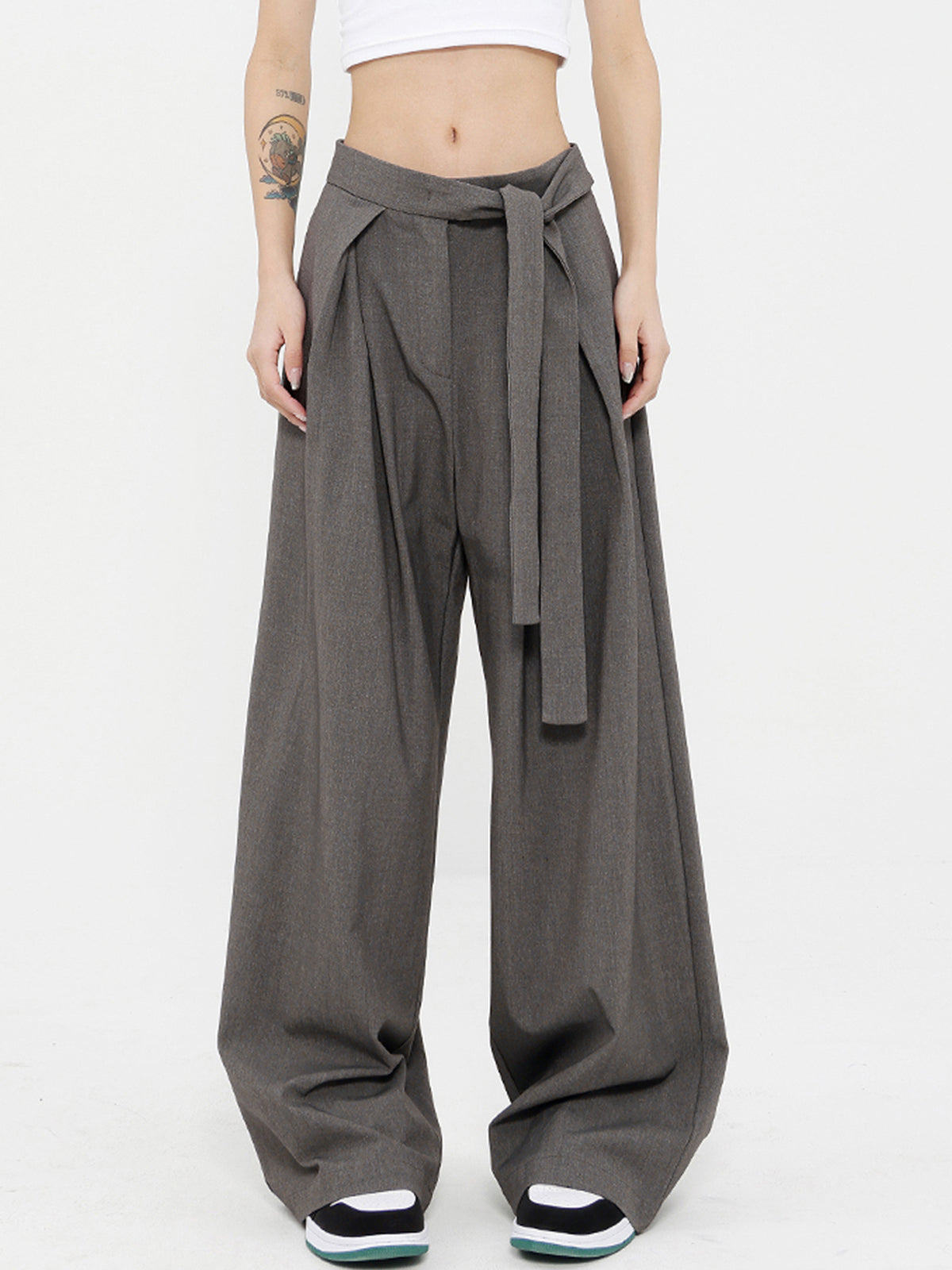 Tied Pleated Full Length Wide Leg Dress Pants