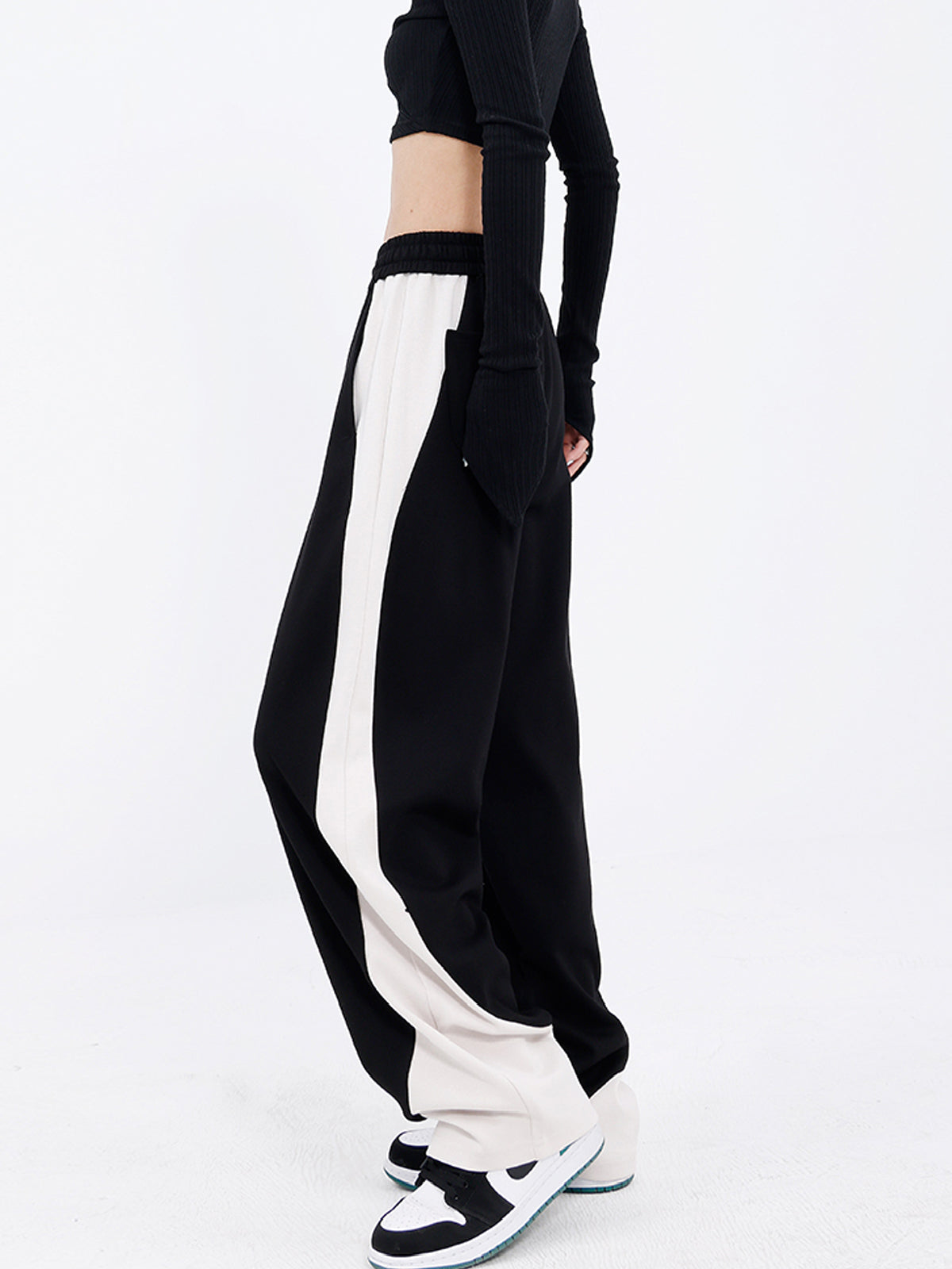 Drawstring Two Tone Baggy Wide Leg Pants