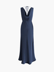 Tied Cowl Neck Satin Flowy Midi Dress