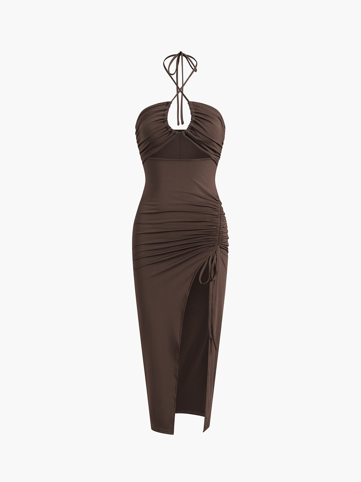 Halter Neck Ruched Drawstring Slit Midi Dress