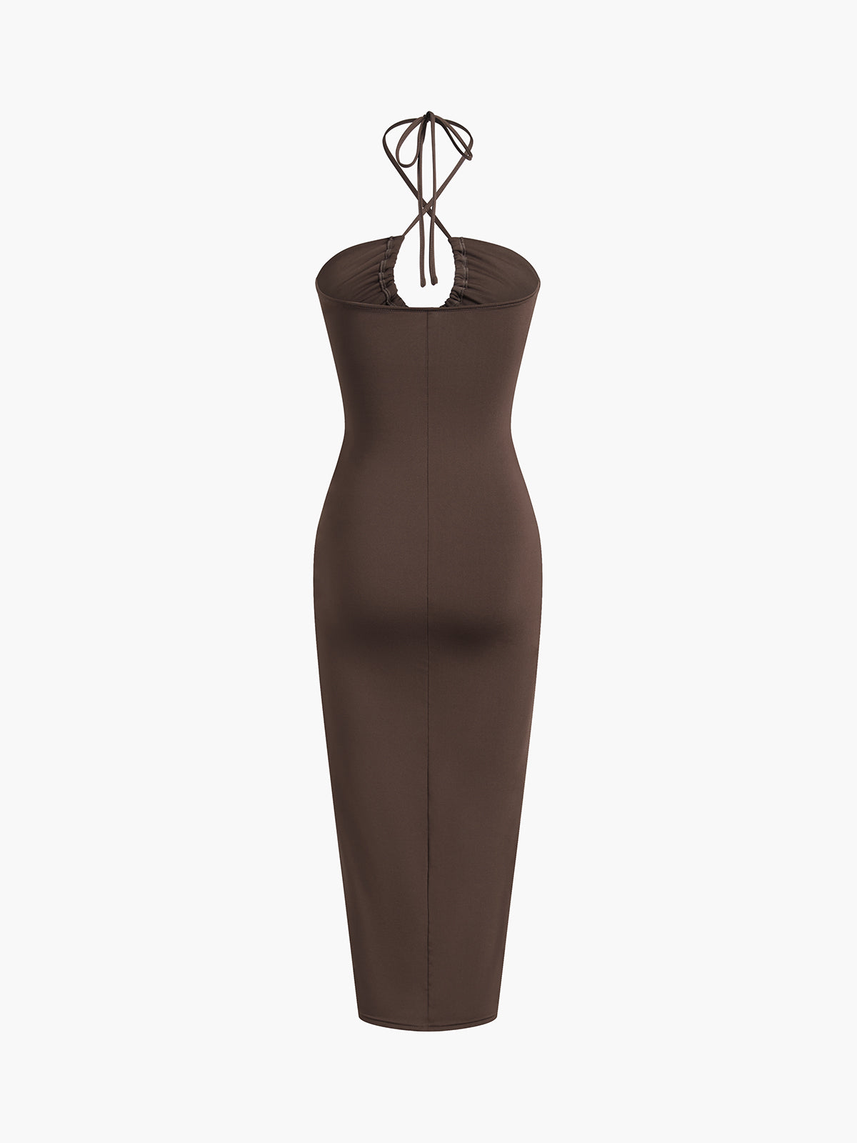 Halter Neck Ruched Drawstring Slit Midi Dress