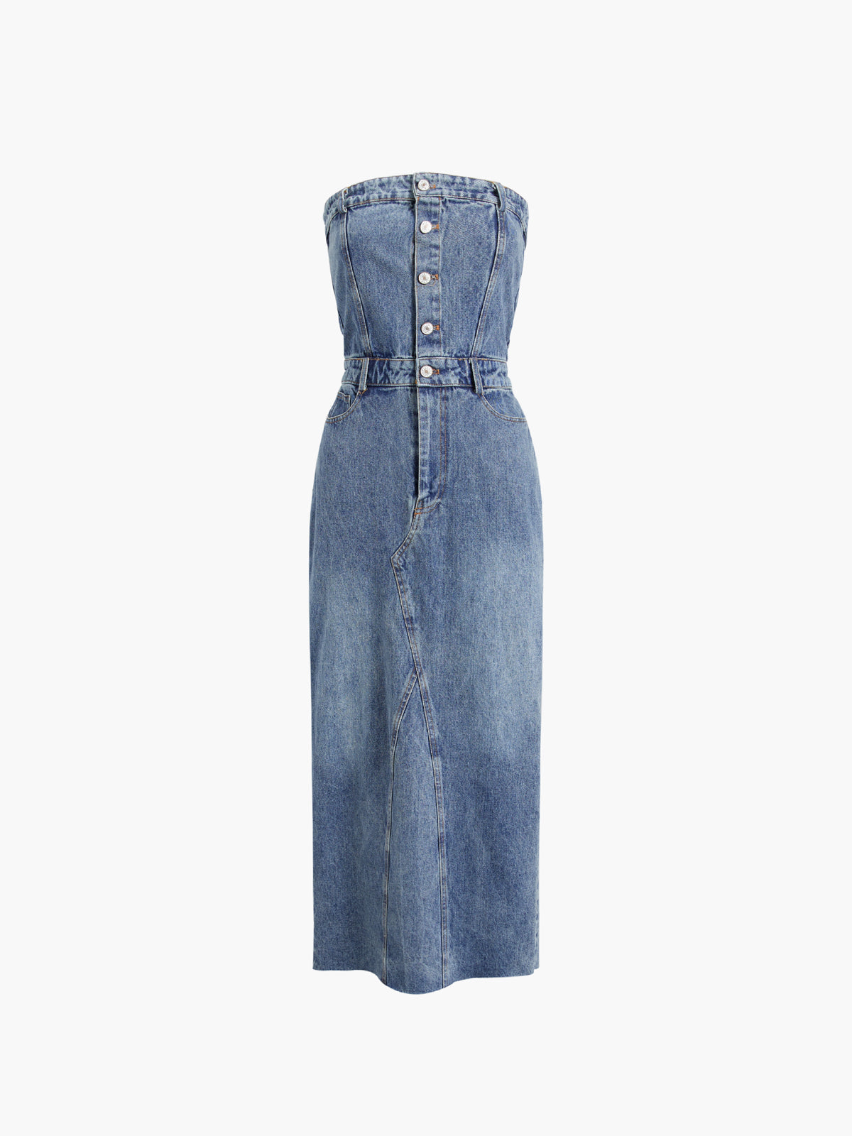 Denim Strapless Tube Midi Jean Dress