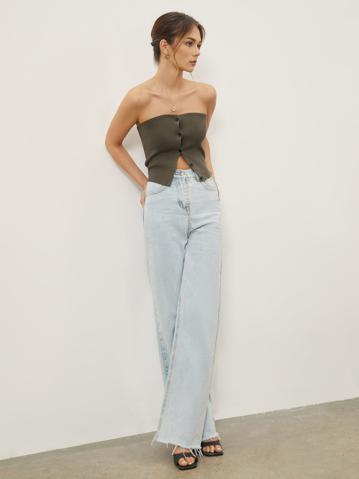 Button Down Knit Crop Strapeless Tube Top