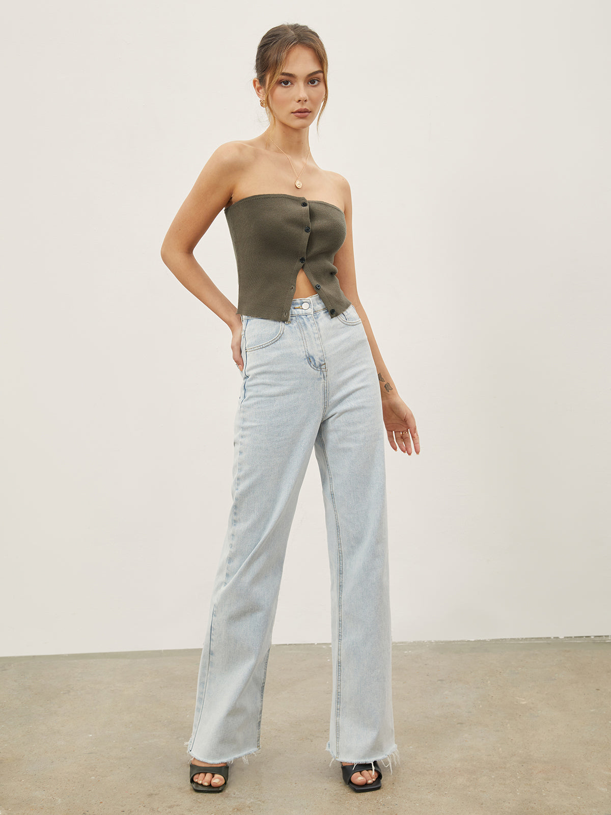 Button Down Knit Crop Strapeless Tube Top