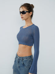 Crochet Eyelet Wavy Trim Crop Top