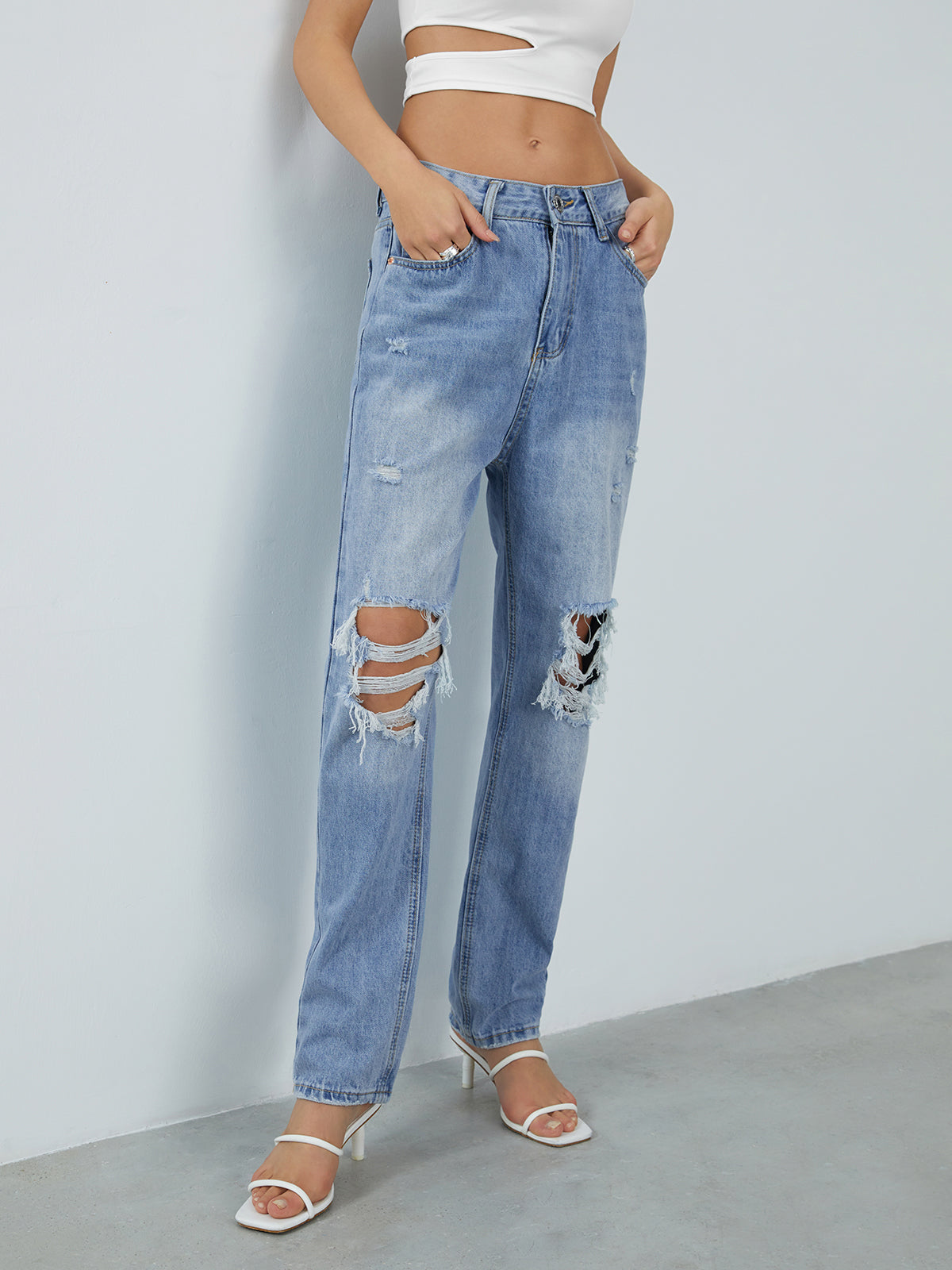 Ripped Denim Straight Leg Jeans