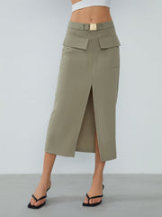 Zip Up Belted Pockets Midi Skirt