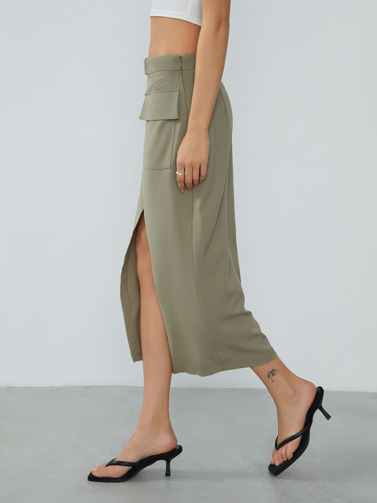 Zip Up Belted Pockets Midi Skirt