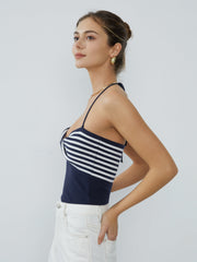 Halter Stripe Twist Keyhole Crop Tank Top