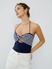 Halter Stripe Twist Keyhole Crop Tank Top