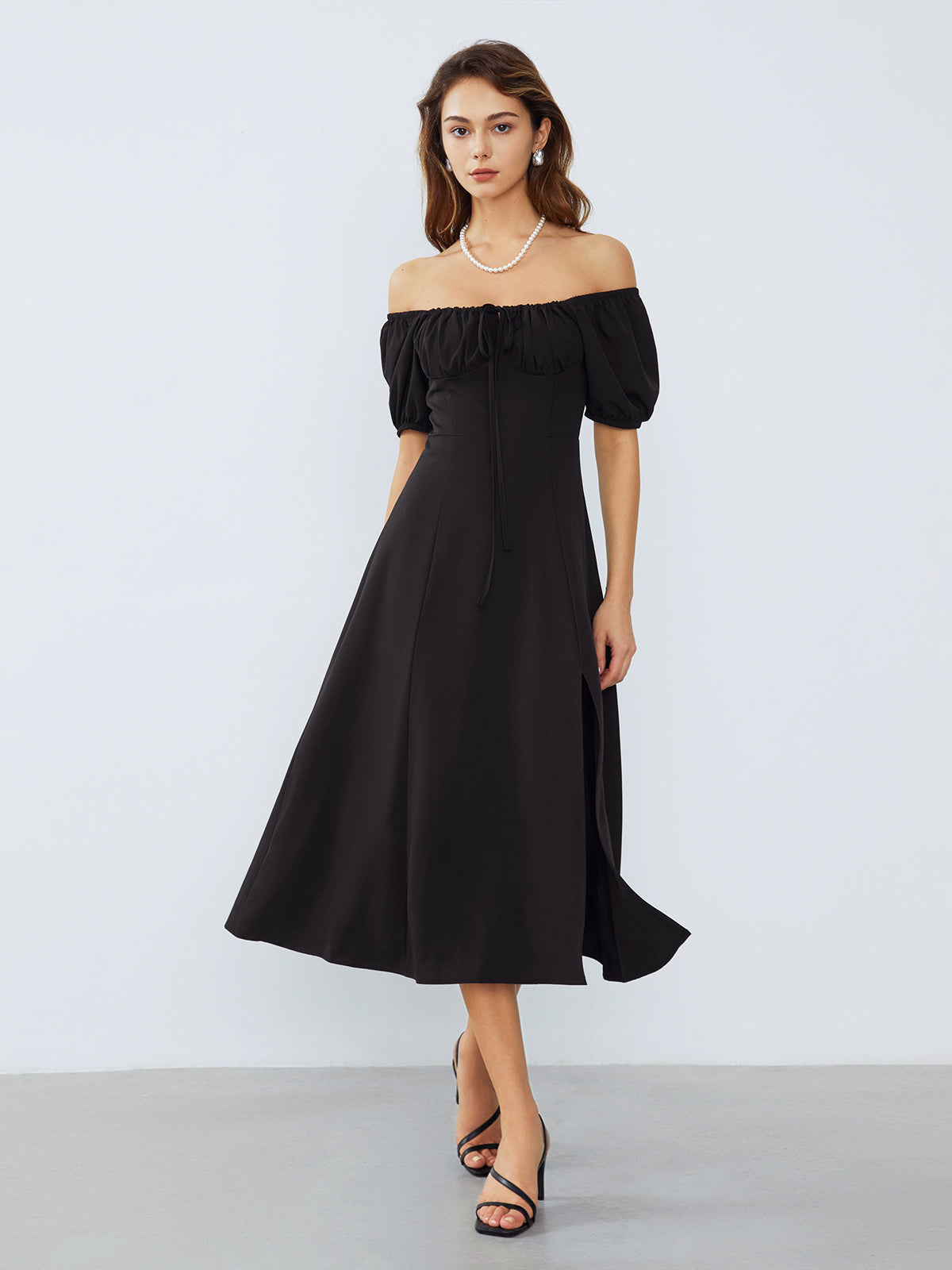 Off Shoulder Puff Sleeve Midi Dress