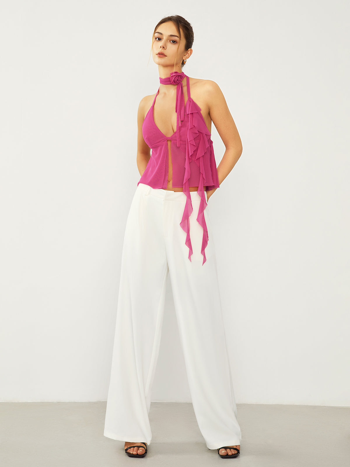 Ruffle Rosette Open Back Halter Mesh Crop Top