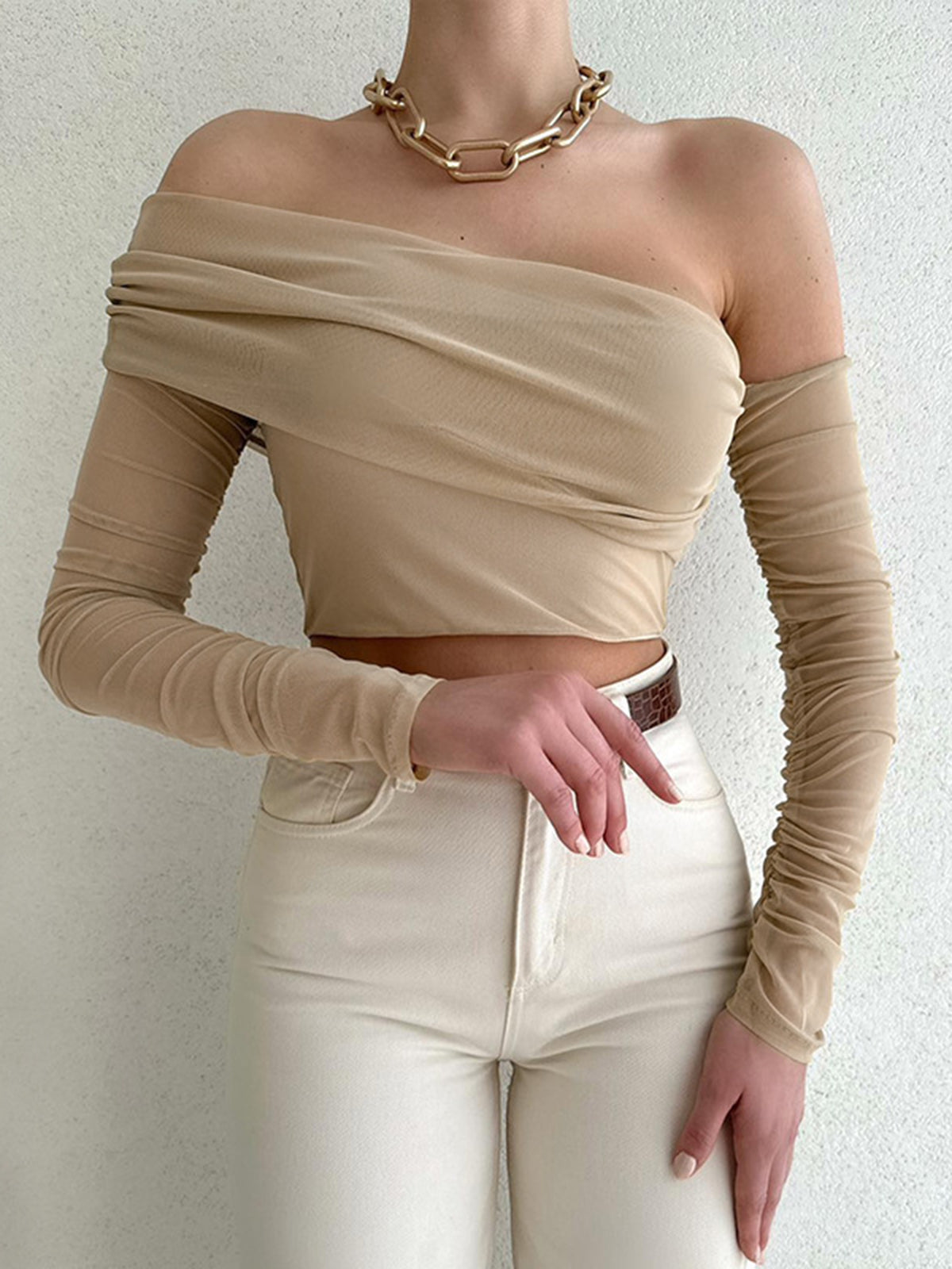 Off Shoulder Mesh Wrap Crop Shirt