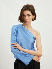 One Sleeve Ruched Satin Blouse