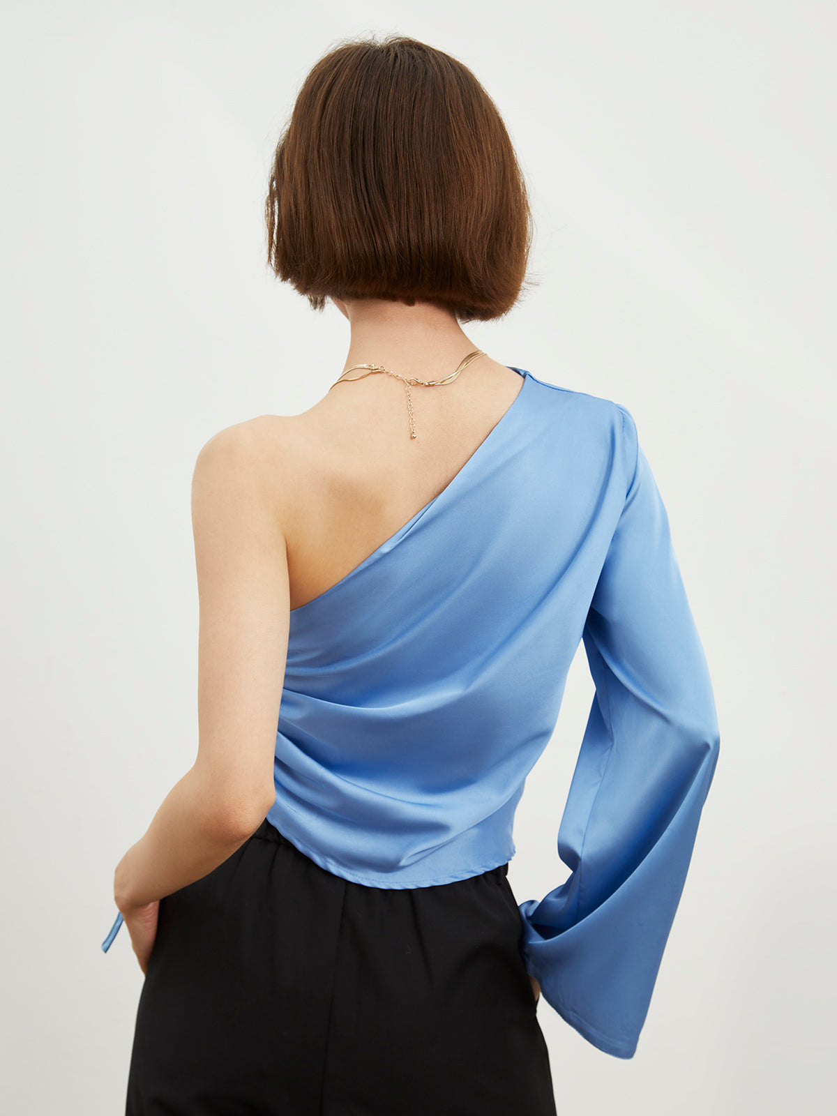 One Sleeve Ruched Satin Blouse