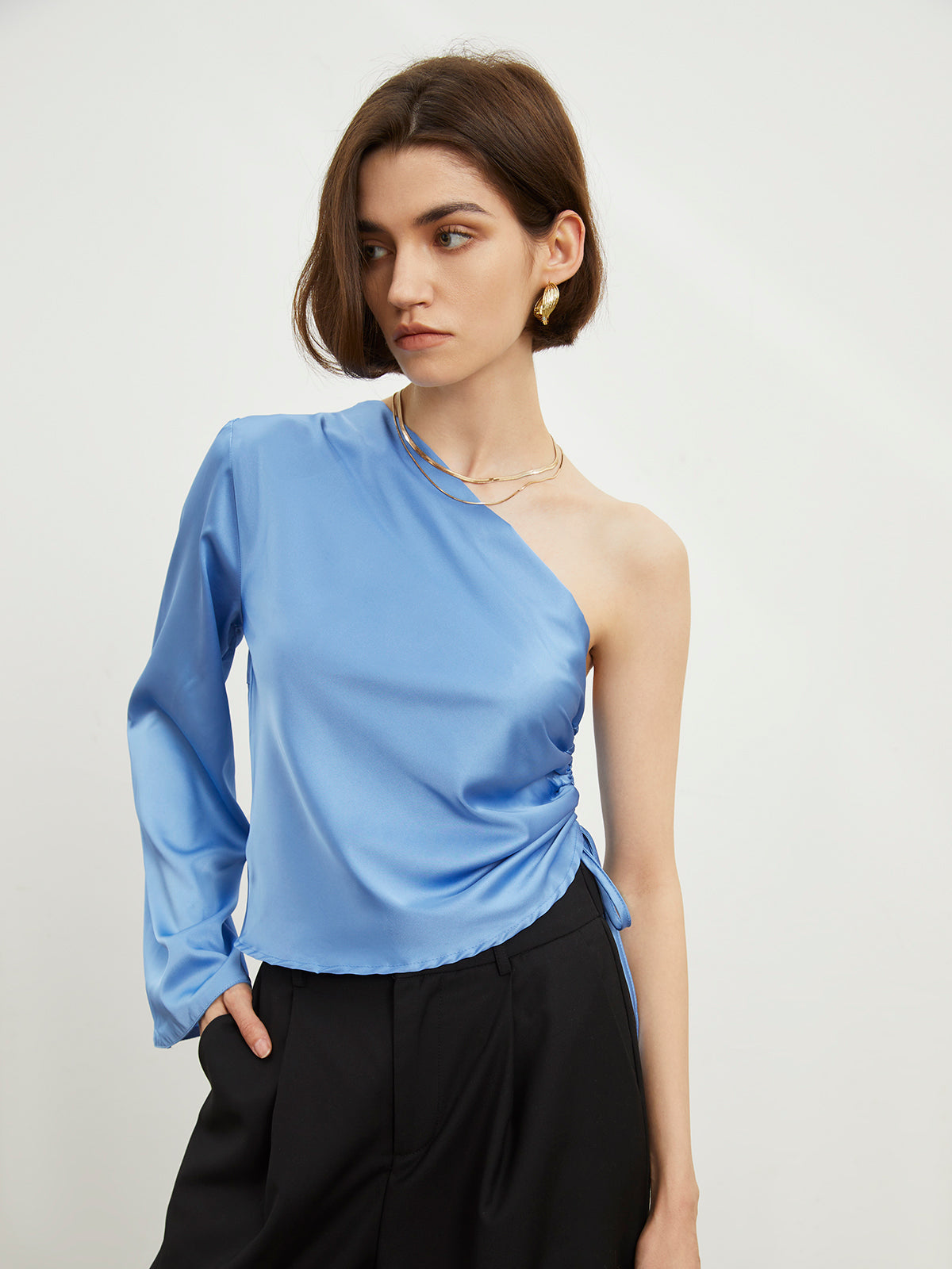 One Sleeve Ruched Satin Blouse