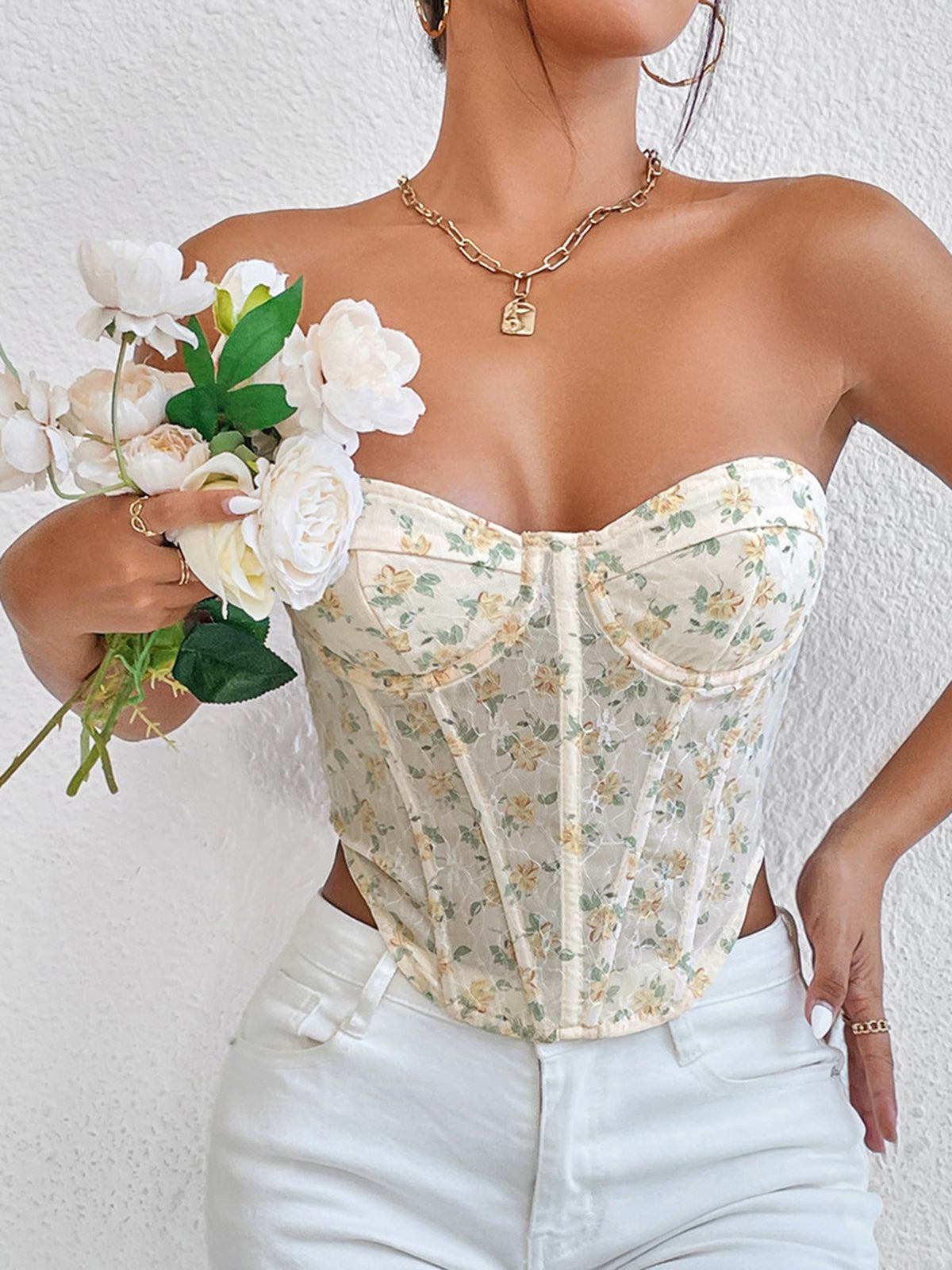 Tied Floral Mesh Crop Corset Top