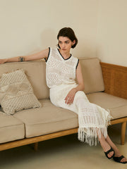 Fringed Crochet Eyelet Two Piece Skirt Set