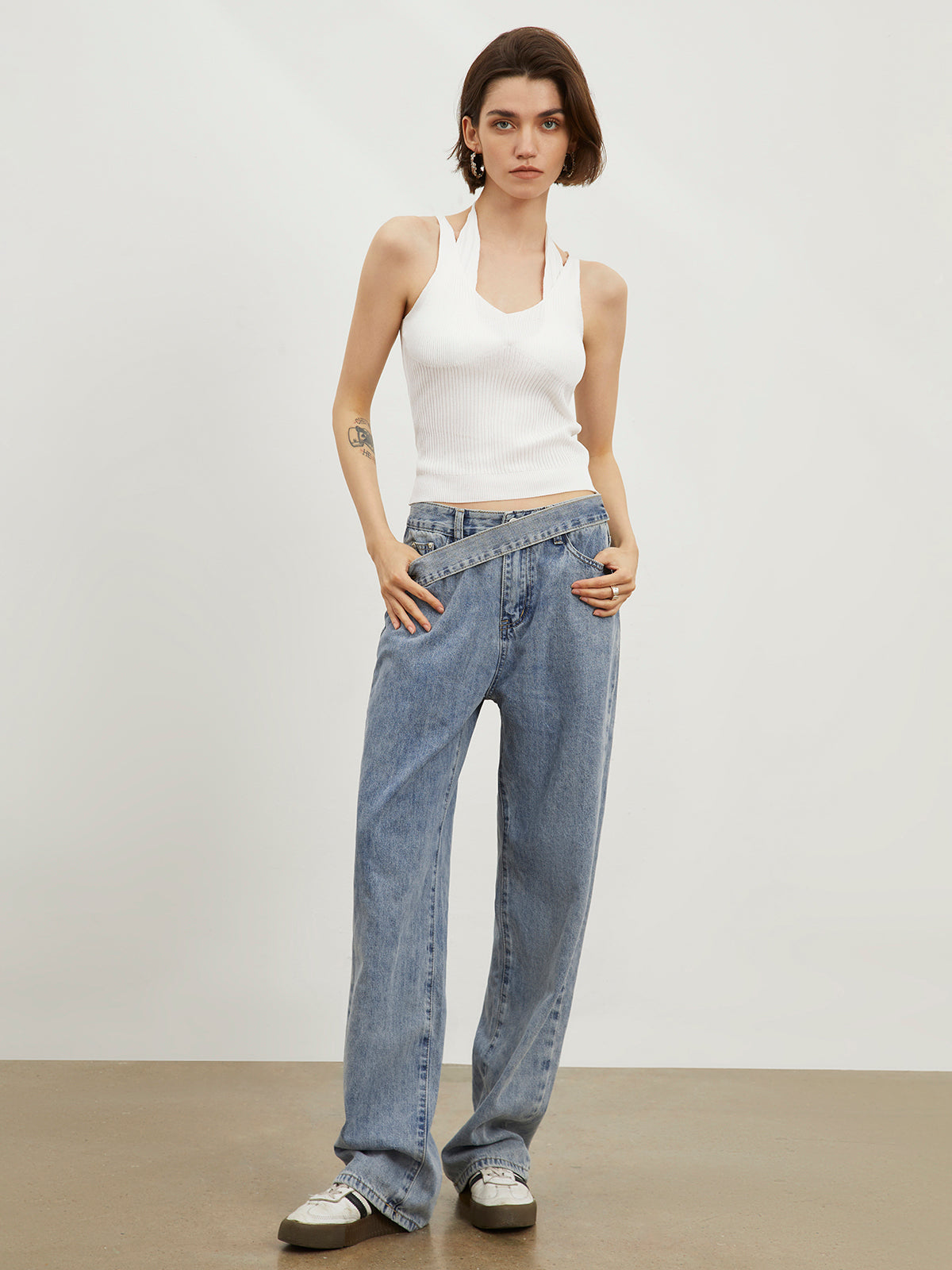 Oblique Belt Denim Straight Leg Jeans