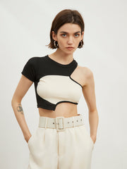 Two Tone One Sleeve Crop Top