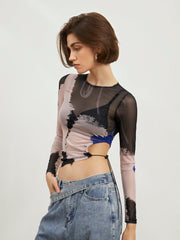 Colorblock Cutout Mesh Crop Top