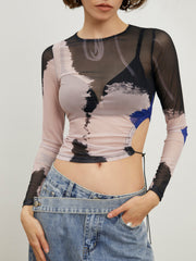 Colorblock Cutout Mesh Crop Top