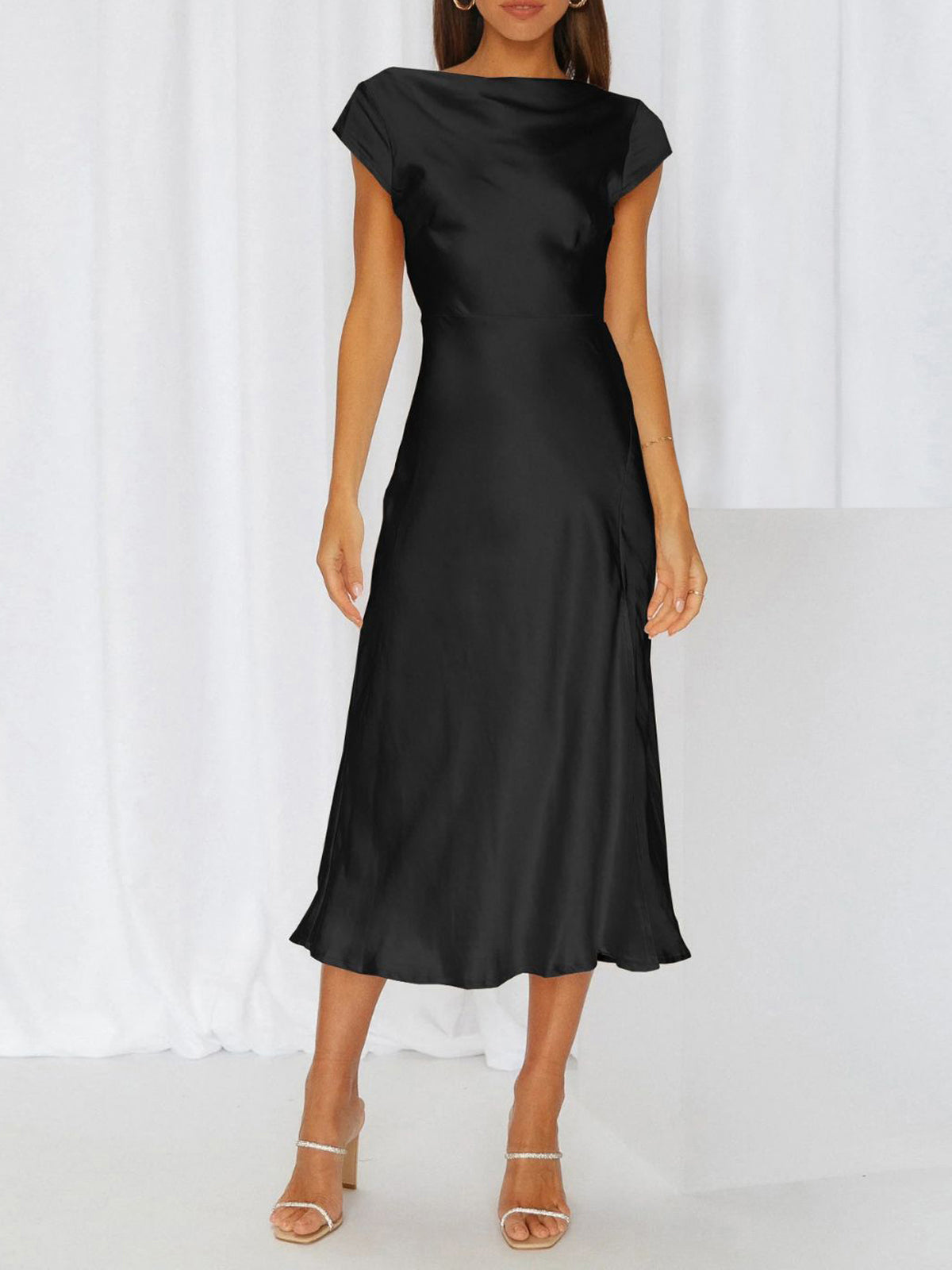 Boat Neck Cap Sleeve Midi Dress