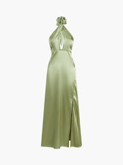 Halter Satin Open Back Long Dress