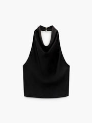 Cowl Halter Neck Open Back Satin Crop Top