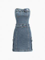 Belted Denim Tube Short Dress