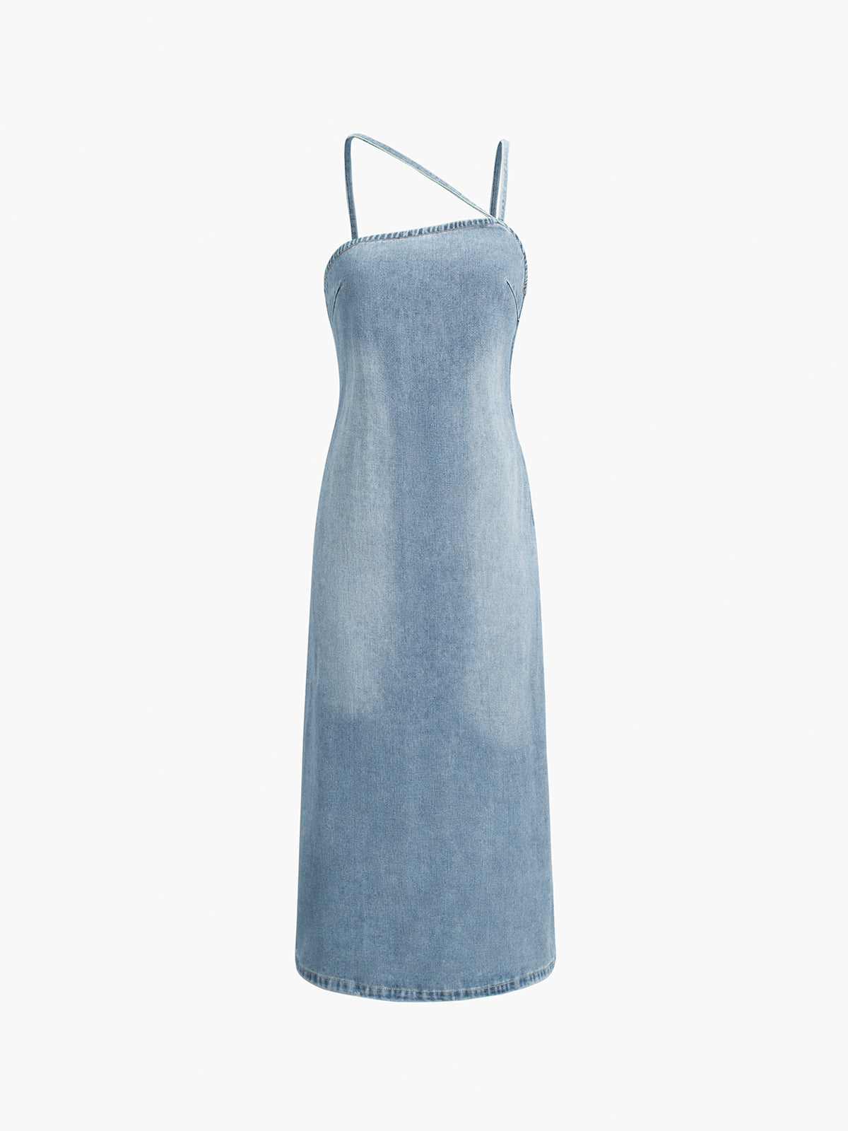 Oblique Strap Faded Denim Long Jean Dress