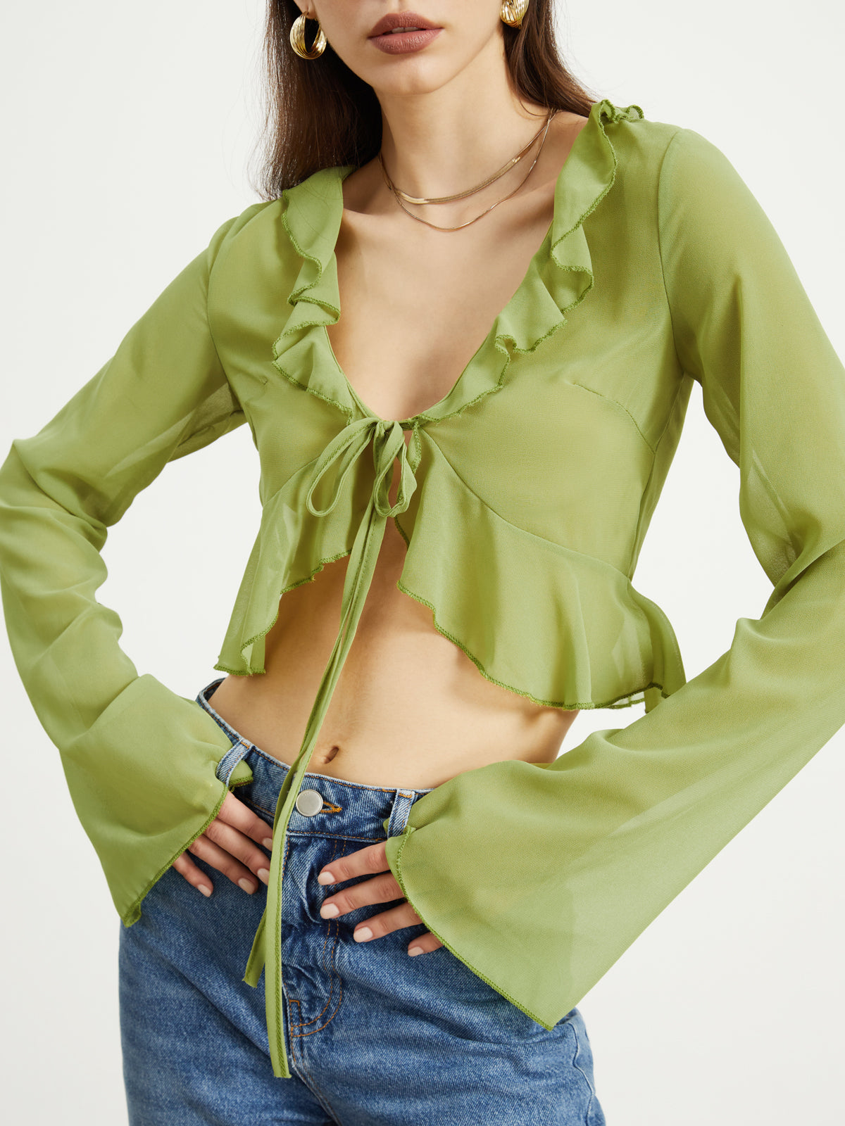 Ruffle Trim Tied Crop Blouse