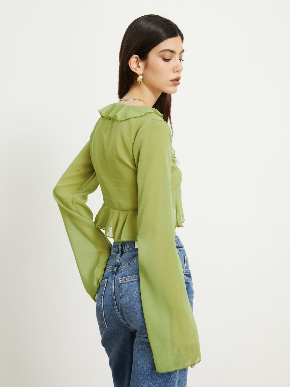 Ruffle Trim Tied Crop Blouse